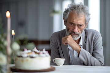 Fototapeta na wymiar A lonely senior man in solitude, celebrating his birthday with coffee and a cake, expressing loneliness and sadness.