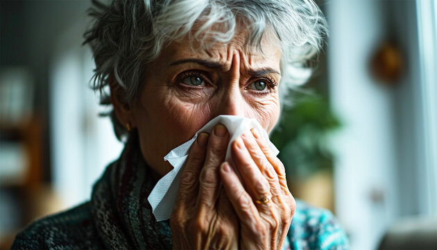 Senior woman having a cold and wiping her nose. covered with blanket blowing running nose sneeze in tissue suffer from allergy flu, allergic old lady hold handkerchief got hay fever, allergy concept