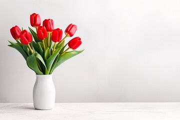 bouquet of red tulips in a white vase on the table, white background. Generated AI.