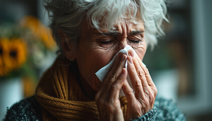 Senior woman having a cold and wiping her nose. covered with blanket blowing running nose sneeze in tissue suffer from allergy flu, allergic old lady hold handkerchief got hay fever, allergy concept - obrazy, fototapety, plakaty