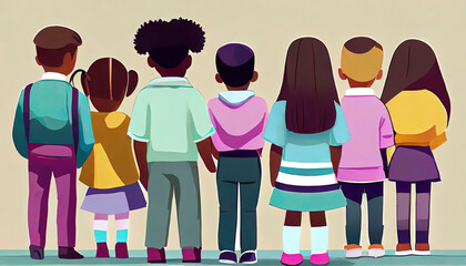 illustration of a group of boys and girls of different ethnicities in a natural environment
