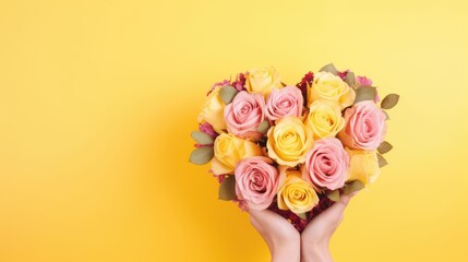 Heart shaped bouquet of yellow and pink roses on a pink background. Woman's hands holding a bouquet of roses. love confession
