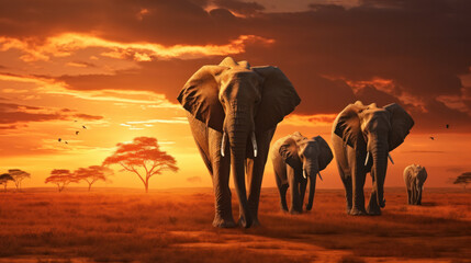 Fototapeta na wymiar Family of elephants on walk. Elephant family in nature