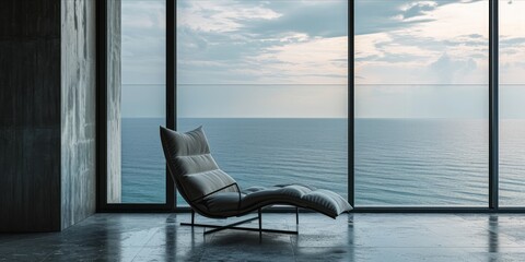 Modern lounge chair by a large window overlooking the sea. - obrazy, fototapety, plakaty