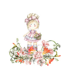 Composition of doll Tilda in dress and freesia flowers. Hand drawn watercolor illustration. Design for baby shower party, birthday, cake, holiday celebration design, greetings card, invitation, sticke