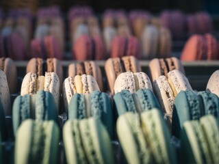 An assortment of colorful macaroons in a display box with selective focus