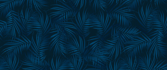 Dark blue tropical background with palm branches. Tropical card, cover, poster, banner - obrazy, fototapety, plakaty