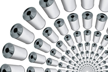 Metal cans scattered on a white background.