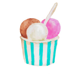  Hand painted watercolor illustration of  Ice-cream , ice cream in a cup, chocolate, strawberry, vanilla, colorful ice cream, dessert, sweet food ,watercolor illustration