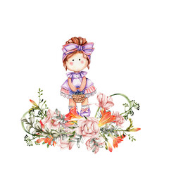 Composition of doll Tilda in dress and freesia flowers. Hand drawn watercolor illustration. Design for baby shower party, birthday, cake, holiday celebration design, greetings card, invitation, sticke