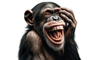 Cute Monkey roaring with laughter with a comical expression. Funny chimpanzee gesturing and laughing out loud in white background.