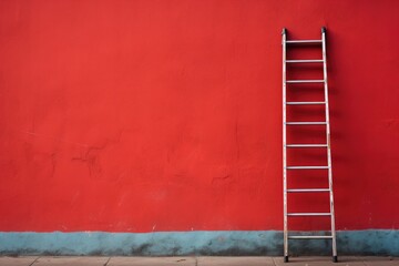A ladder leaning against a red wall. Minimalism, the path to success. Stairs.