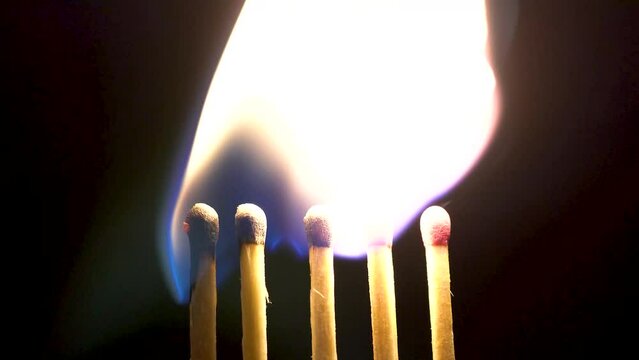 Five matches light up and burn on a black background