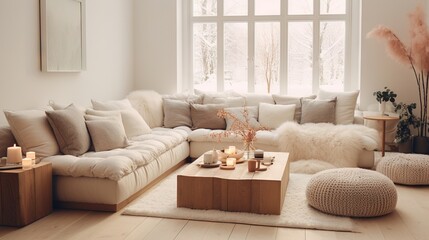Fototapeta na wymiar Modern luxury, minimal, elegant, neutral, cozy, white bohemian living room with a sofa. Earth tone colors, Interior design inspiration.