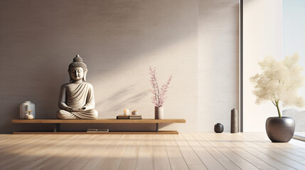 Minimalist home interior with buddha statuette - obrazy, fototapety, plakaty