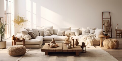 Modern luxury, minimal, elegant, neutral, cozy, white bohemian living room with a sofa. Earth tone colors, Interior design inspiration.