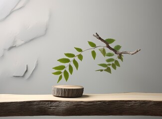 Tree trunk wood podium for cosmetic products, perfumes or food with leaf fall, minimalist clean background