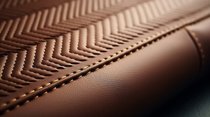 Seams on artificial leather. The thread and arrow stitch seams line the narrow chevron to decorate the bright brown furniture for an interesting and beautiful look. Close focus : Generative AI - obrazy, fototapety, plakaty