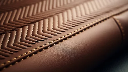 Fotobehang Seams on artificial leather. The thread and arrow stitch seams line the narrow chevron to decorate the bright brown furniture for an interesting and beautiful look. Close focus : Generative AI © Generative AI