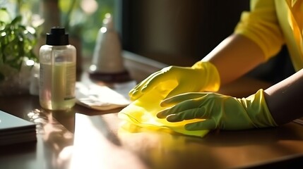 Close up of female hands in protective rubber gloves, napkin and spray. Cleaning the desktop in the room. : Generative AI
