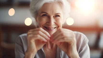 Senior woman showing finger heart shaped hands in focus close up. Blurred grey haired mature lady making romantic gesture of love, kindness, support, solidarity, expressing gratitude a : Generative AI