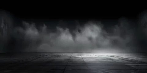 Tuinposter Abstract image of dark room concrete floor. Black room or stage background for product placement.Panoramic view of the abstract fog. White cloudiness, mist or smog moves on black backg : Generative AI © Generative AI