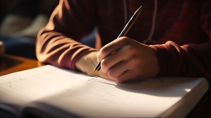 Authentic Close Up Shot of a Young Person Writing with Pencil in Notebook. Teenager Making Homework for School. Education Concept. : Generative AI