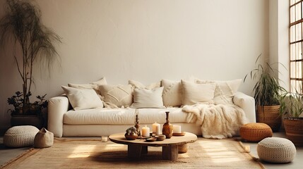 Fototapeta na wymiar Modern luxury, minimal, elegant, neutral, cozy, white bohemian, boho living room with a sofa. soft earthy colors, Interior design inspiration.