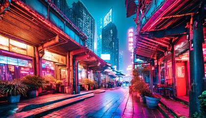 china cyberpunk city night color neon street - obrazy, fototapety, plakaty
