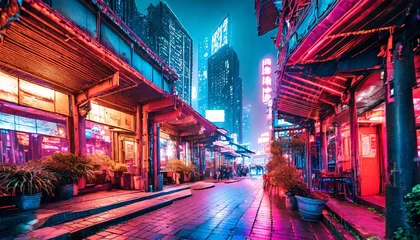 Keuken spatwand met foto china cyberpunk city night color neon street © Toby