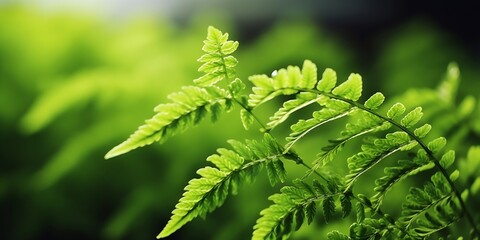 macro closeup of new curly young green leaves of soft fern Polystichum aculeatum evergreen species against forest background : Generative AI