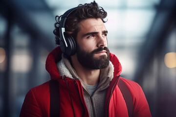 Engrossed Man wearing headphones. Music city lifestyle. Generate Ai