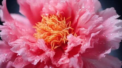 close up of beautiful pistils and stamens heavy with pollen pink peony flower : Generative AI