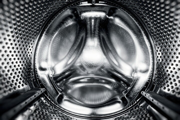 Washing Dryer Machine inside view. Washing machine drum, view from the inside. Metal drum of a washing machine. Abstract home background. Inside of washing machine - obrazy, fototapety, plakaty