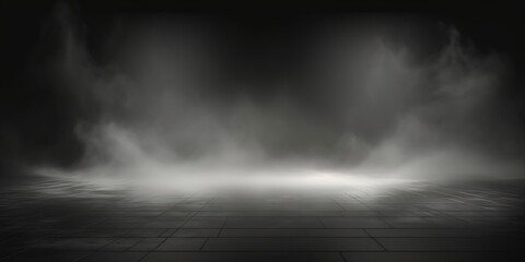 Abstract image of dark room concrete floor. Black room or stage background for product placement.Panoramic view of the abstract fog. White cloudiness, mist or smog moves on black backg : Generative AI - obrazy, fototapety, plakaty