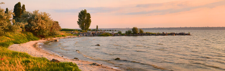 Kakhovka reservoir. Summer beach landscape