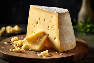 A block of cheese with slices on a wooden board, with herbs in the backdrop.