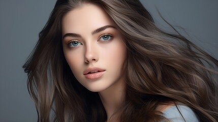 Fototapeta premium Beauty, fashion, makeup concept. Beautiful woman with brown long hairs close-up portrait looking up in grey studio background with copy space. Eyes is in camera focus. Soft gray color : Generative AI