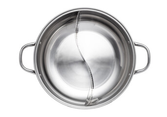 Stainless steel soup pot isolated on white background. Top view
