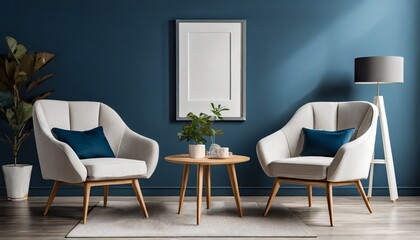 modern cozy living room with two chairs and little table on deep blue background generative ai