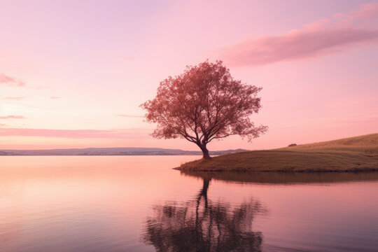 a small lone ash tree on the lake at sunset