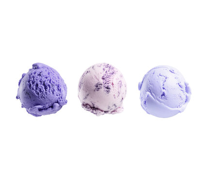 Three Purple Scoop Of Blueberry Flavor Taste Ice Cream Balls, Fly And Levitate On Transparent Clear Background Isolated, Lavender Violet Italian Gelato With No Background