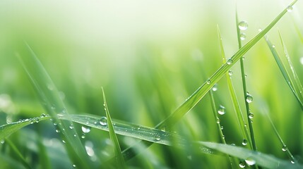 Close-up of fresh grass with dew drops. Abstract natural background. Copy space. Selective focus close-up on abstract blur in the frame. : Generative AI