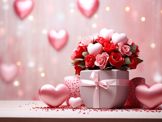 Valentine's Day composition background with hearts, gift box and copy space, generative ai.