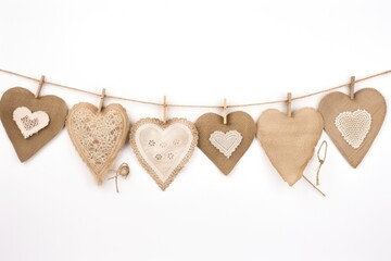 Heart-shaped burlap banners on a string for Valentine's Day.