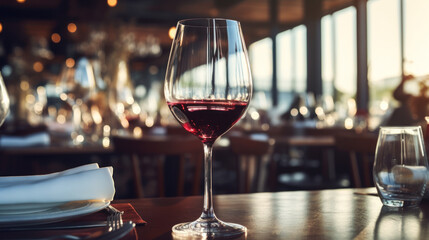 Glasses of red wine on restaurant table - obrazy, fototapety, plakaty