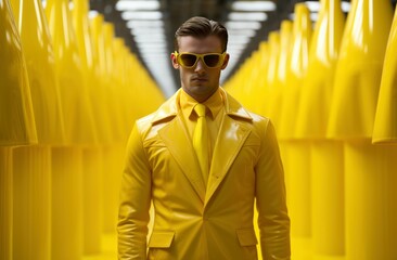 Man wearing yellow latex. Stylish guy with trendy yellow background. Generate ai