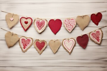 Heart-shaped burlap banners on a string for Valentine's Day.