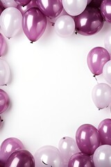 Purple balloon birthday background with free space on the paper banner and blurred lighting...