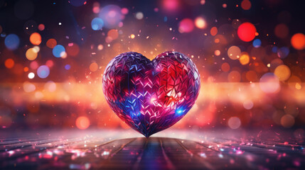 Psychedelic, unreal looking heart-shaped disco ball, colorful bokeh